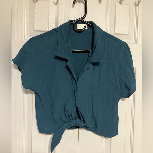 Wilfred Free‎ Button Front Blouse Front Tie Rayon Green Sz XXS Lightweight - Picture 1 of 8